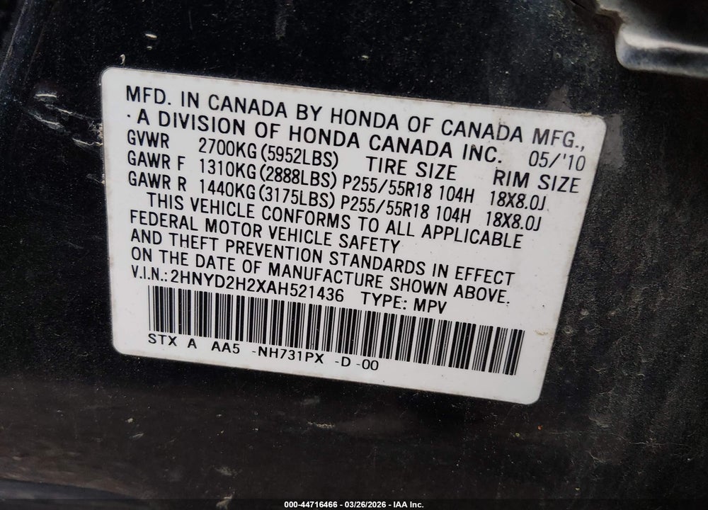 2010 ACURA MDX 3.7L (A6) VIN: 2HNYD2H2XAH521436