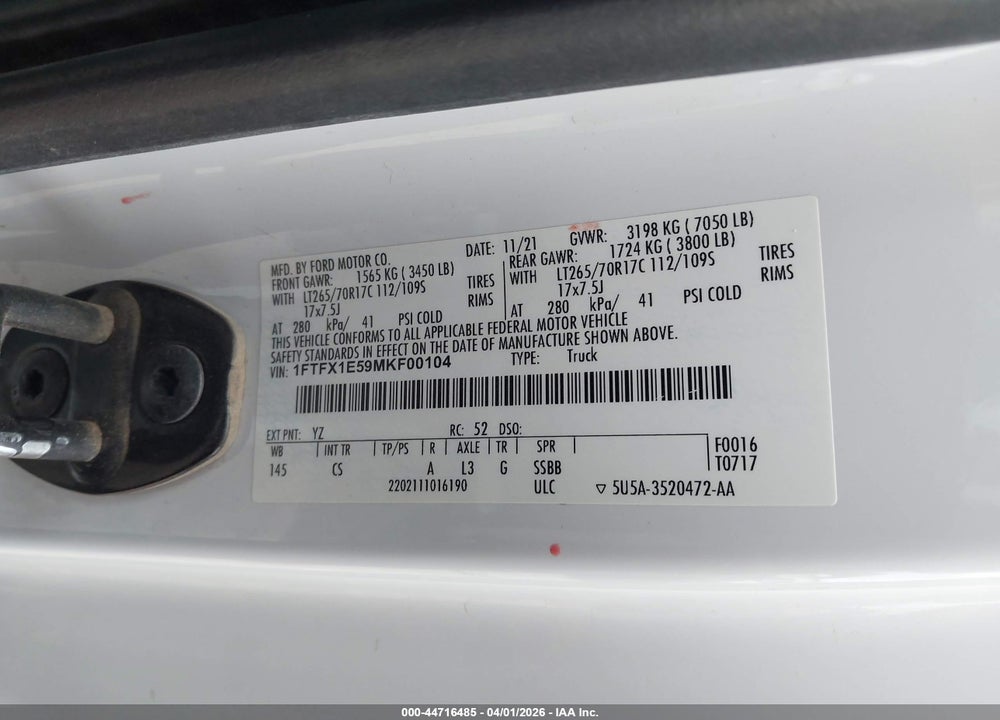 2021 FORD F-150 XL VIN: 1FTFX1E59MKF00104
