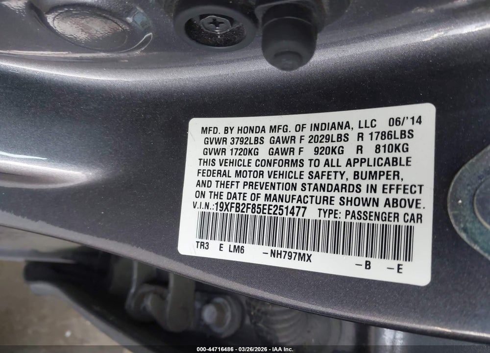 2014 HONDA CIVIC EX VIN: 19XFB2F85EE251477