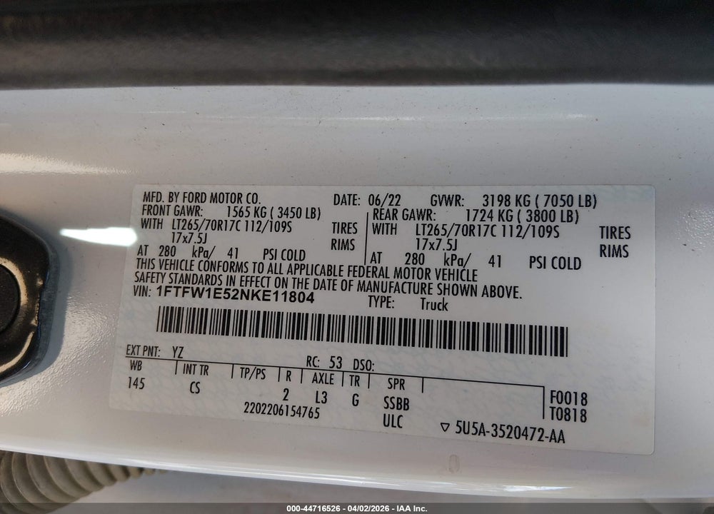 2022 FORD F-150 XL VIN: 1FTFW1E52NKE11804