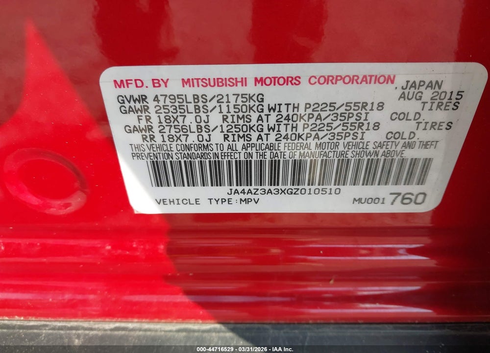 2016 MITSUBISHI OUTLANDER ES/SE/SEL VIN: JA4AZ3A3XGZ010510