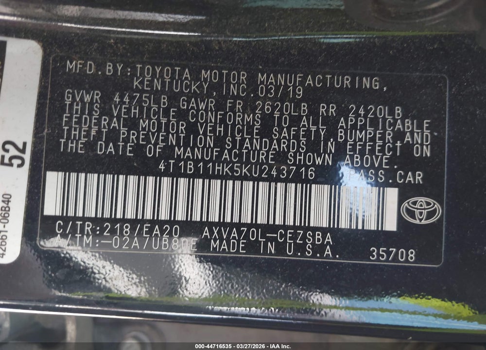 2019 TOYOTA CAMRY SE VIN: 4T1B11HK5KU243716