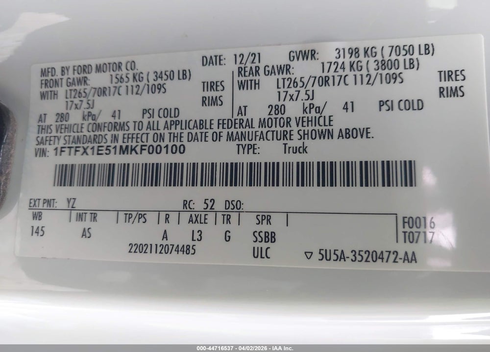2021 FORD F-150 XL VIN: 1FTFX1E51MKF00100