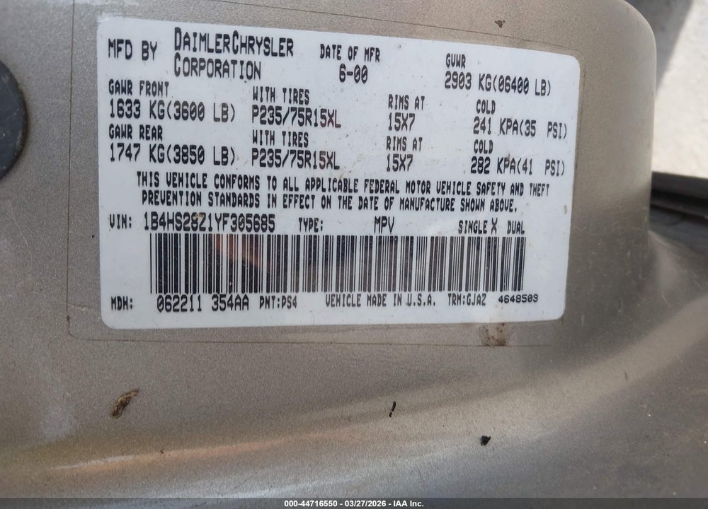 2000 DODGE DURANGO VIN: 1B4HS28Z1YF305685