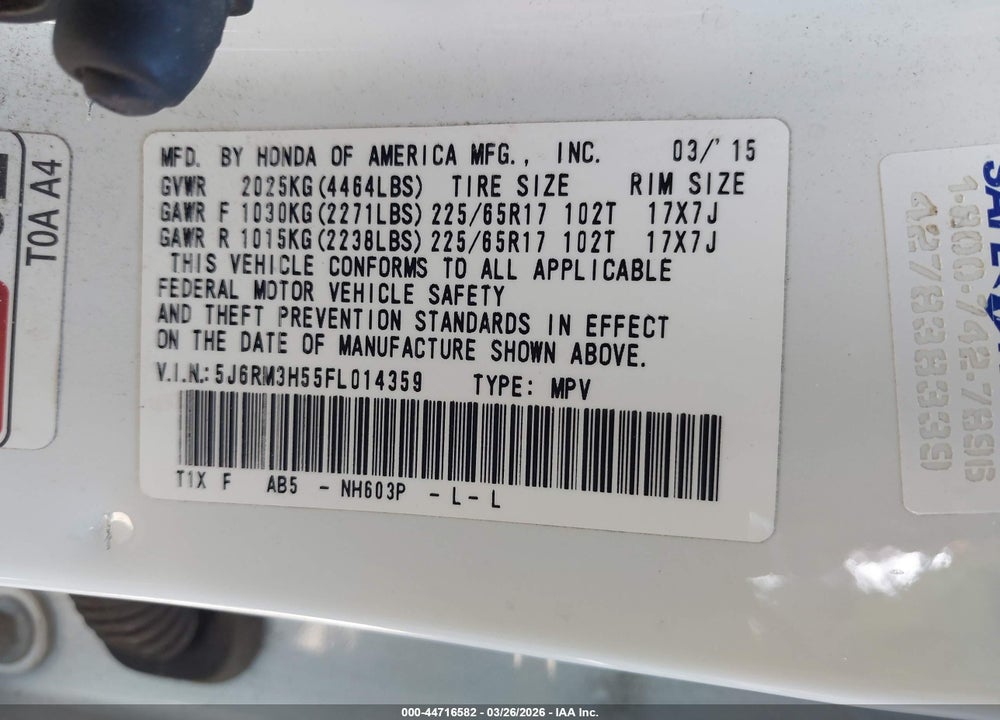 2015 HONDA CR-V EX VIN: 5J6RM3H55FL014359