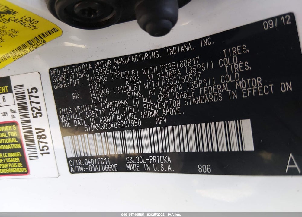 2013 TOYOTA SIENNA LE V6 8 PASSENGER VIN: 5TDKK3DC4DS297950