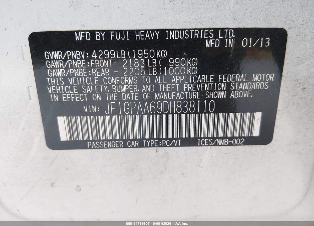 2013 SUBARU IMPREZA WAGON 2.0I VIN: JF1GPAA69DH838110