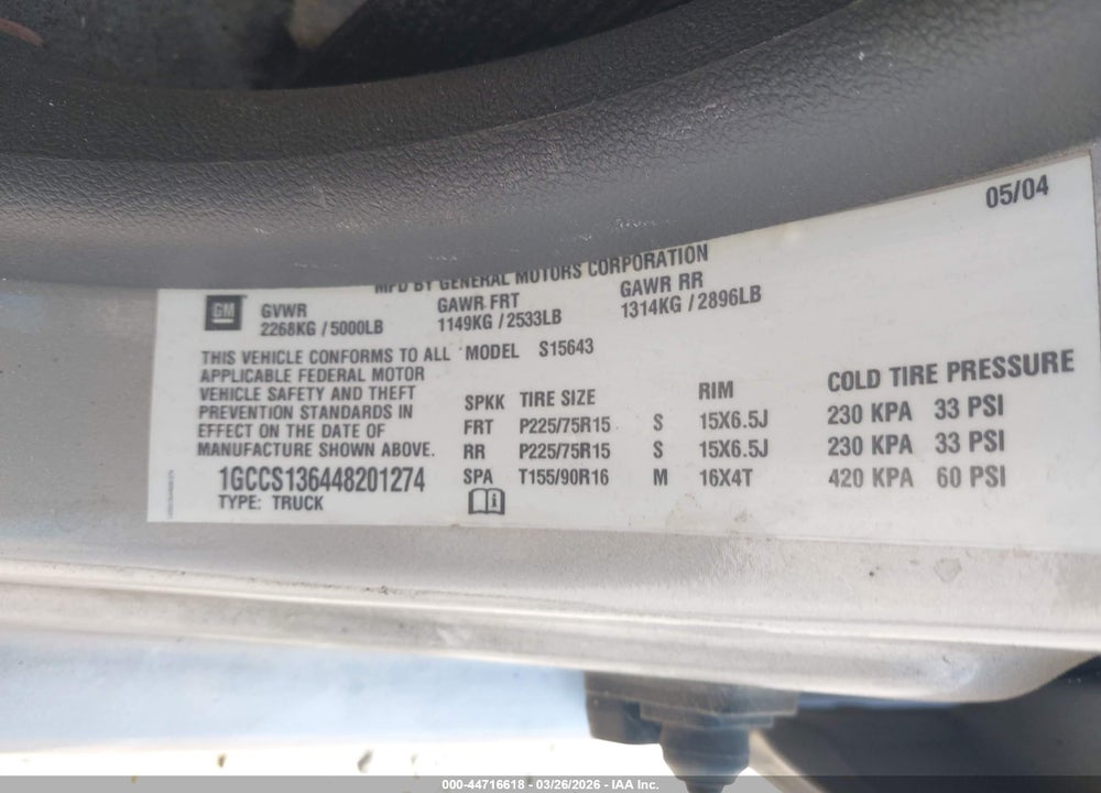 2004 CHEVROLET COLORADO LS VIN: 1GCCS136448201274