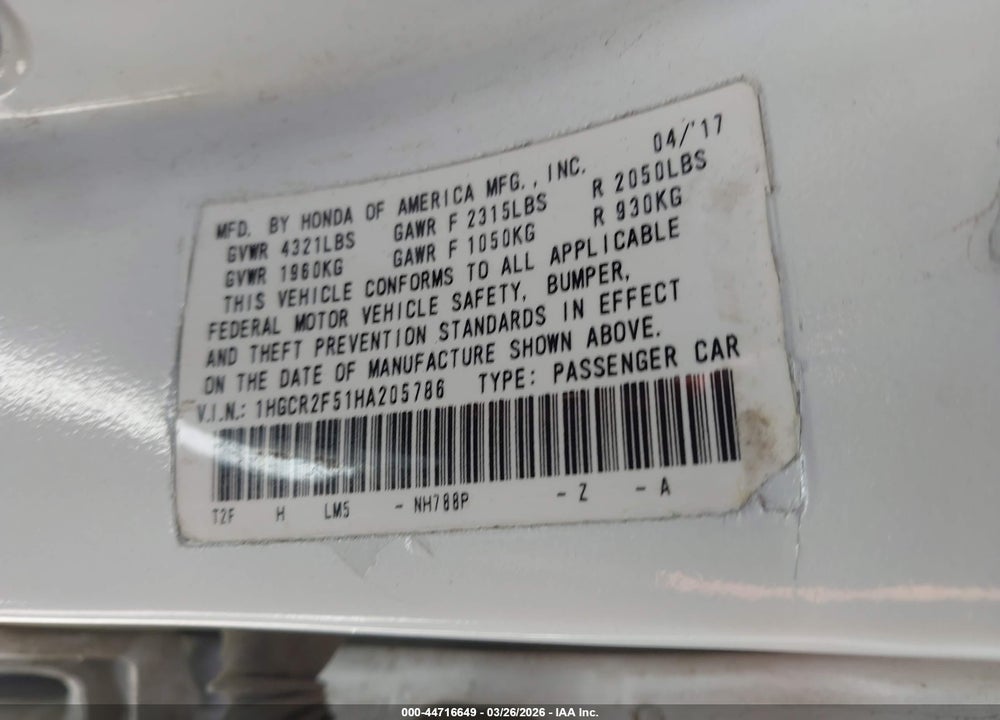 2017 HONDA ACCORD SPORT VIN: 1HGCR2F51HA205786