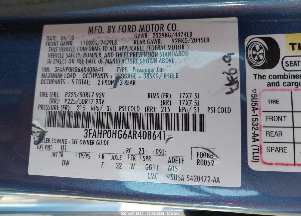 2010 FORD FUSION SE VIN: 3FAHP0HG6AR408641
