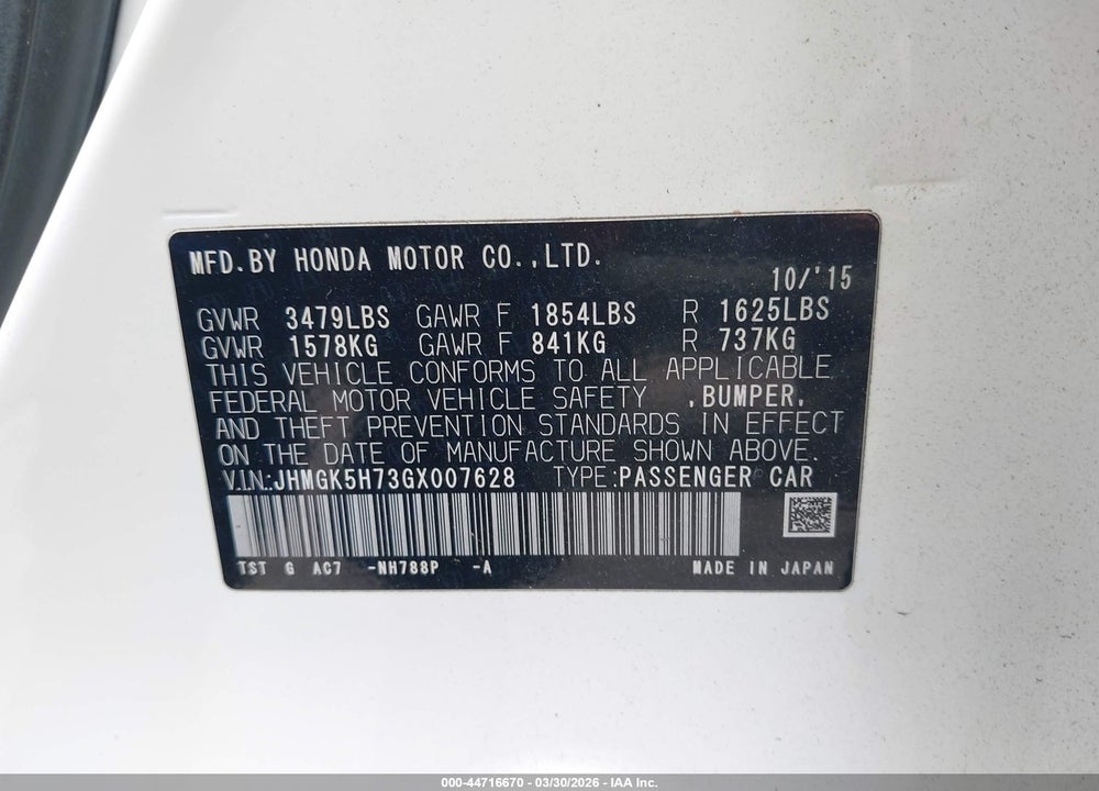 2016 HONDA FIT EX VIN: JHMGK5H73GX007628