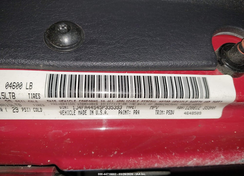 2005 JEEP WRANGLER UNLIMITED VIN: 1J4FA44S45P335393