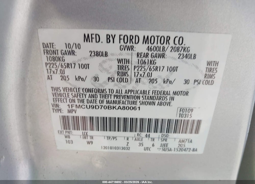 2011 FORD ESCAPE XLT VIN: 1FMCU9D70BKA80061