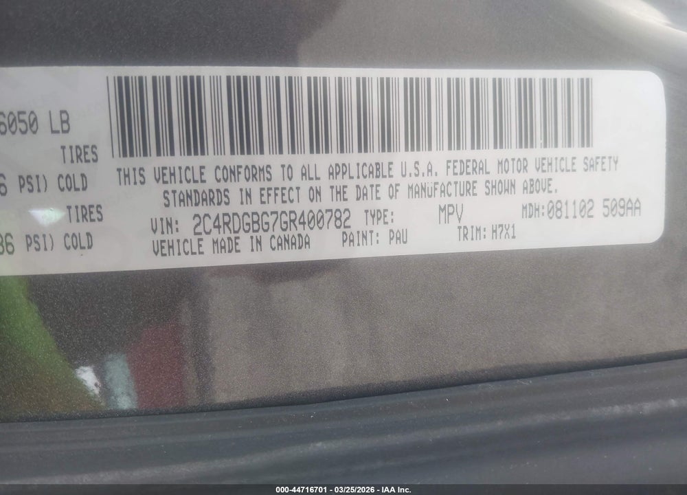 2016 DODGE GRAND CARAVAN AMERICAN VALUE PKG VIN: 2C4RDGBG7GR400782
