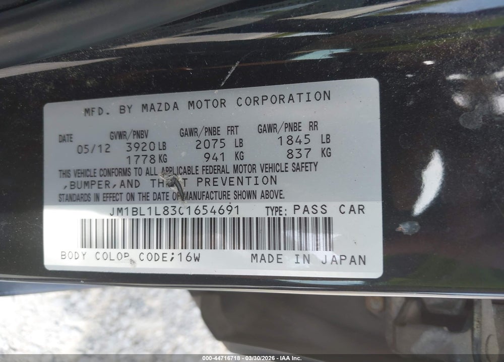 2012 MAZDA 3 I TOURING VIN: JM1BL1L83C1654691