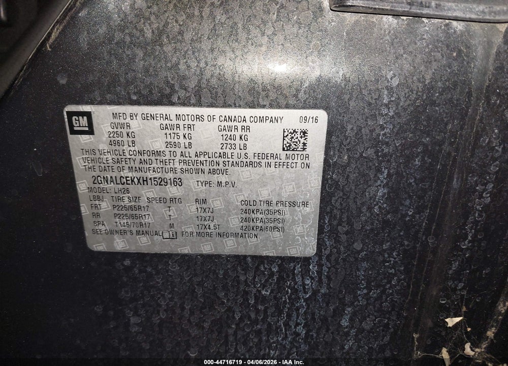 2017 CHEVROLET EQUINOX LT VIN: 2GNALCEKXH1529163