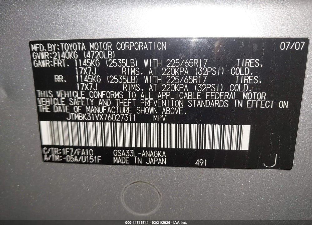 2007 TOYOTA RAV4 LIMITED V6 VIN: JTMBK31VX76027311