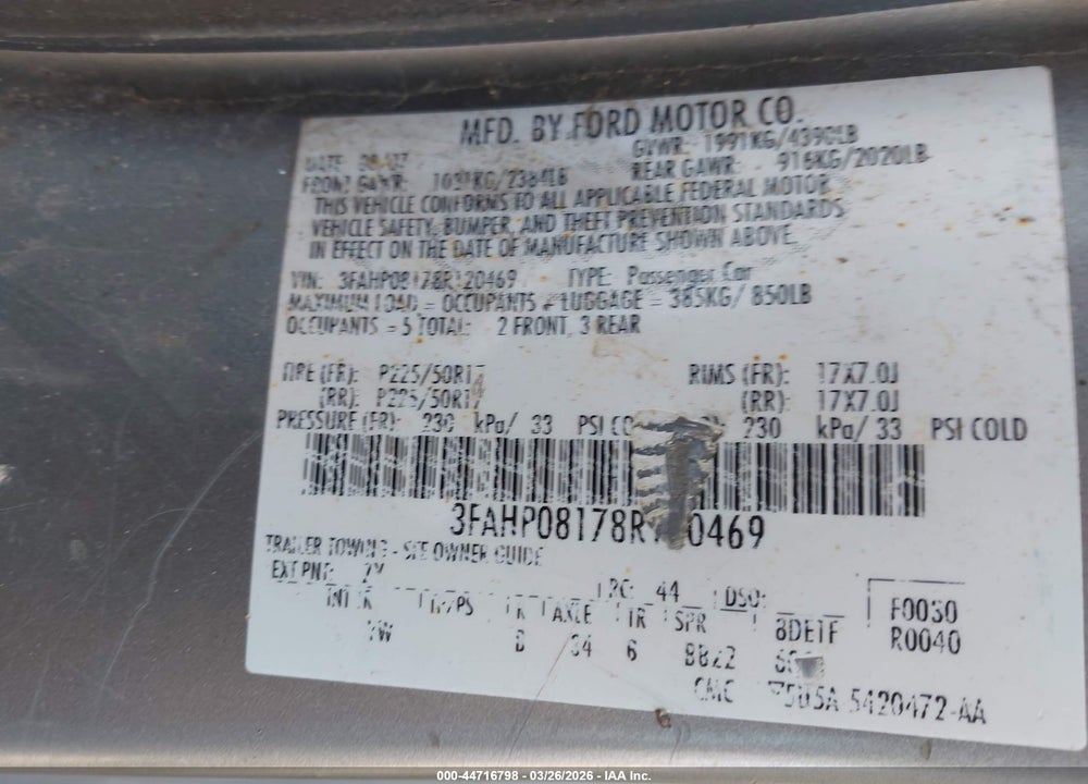 2008 FORD FUSION SEL VIN: 3FAHP08178R120469