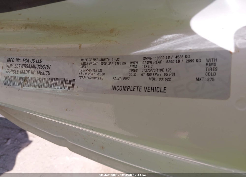 2022 RAM 2500 TRADESMAN  4X4 8' BOX VIN: 3C7WR5AJ4NG253767
