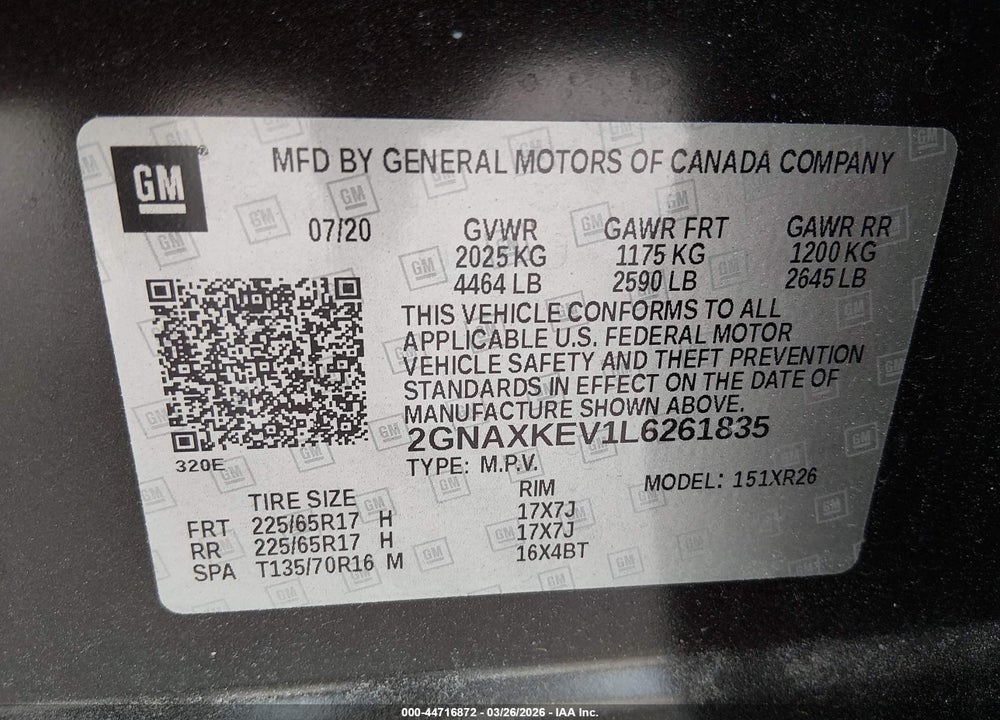 2020 CHEVROLET EQUINOX FWD LT 1.5L TURBO VIN: 2GNAXKEV1L6261835