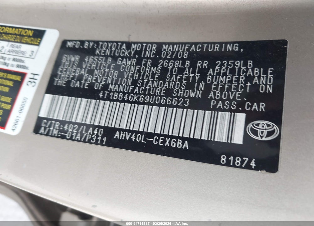 2009 TOYOTA CAMRY HYBRID VIN: 4T1BB46K69U066623