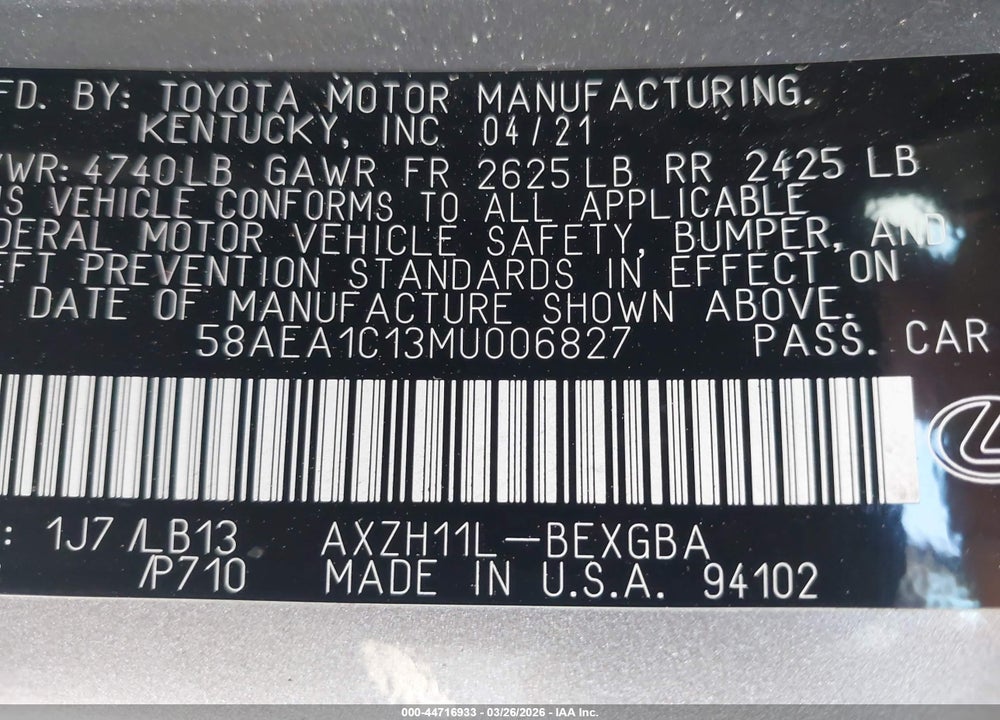 2021 LEXUS ES 300H LUXURY VIN: 58AEA1C13MU006827