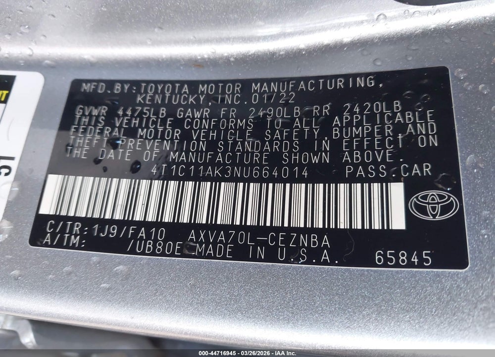 2022 TOYOTA CAMRY LE VIN: 4T1C11AK3NU664014