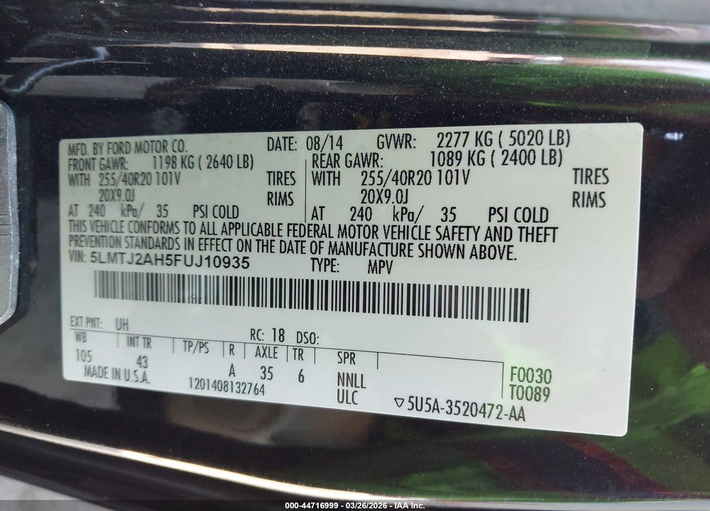 2015 LINCOLN MKC VIN: 5LMTJ2AH5FUJ10935