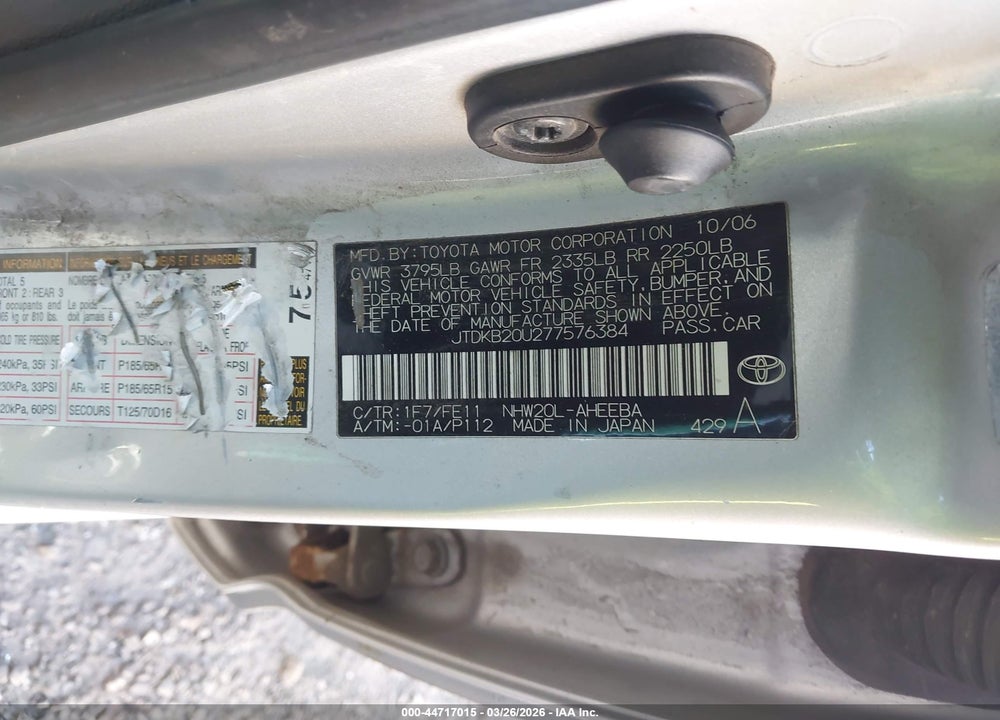 2007 TOYOTA PRIUS VIN: JTDKB20U277576384