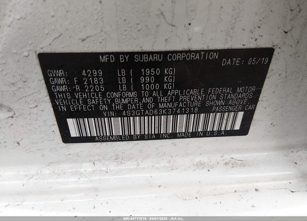 2019 SUBARU IMPREZA 2.0I PREMIUM VIN: 4S3GTAD63K3741318