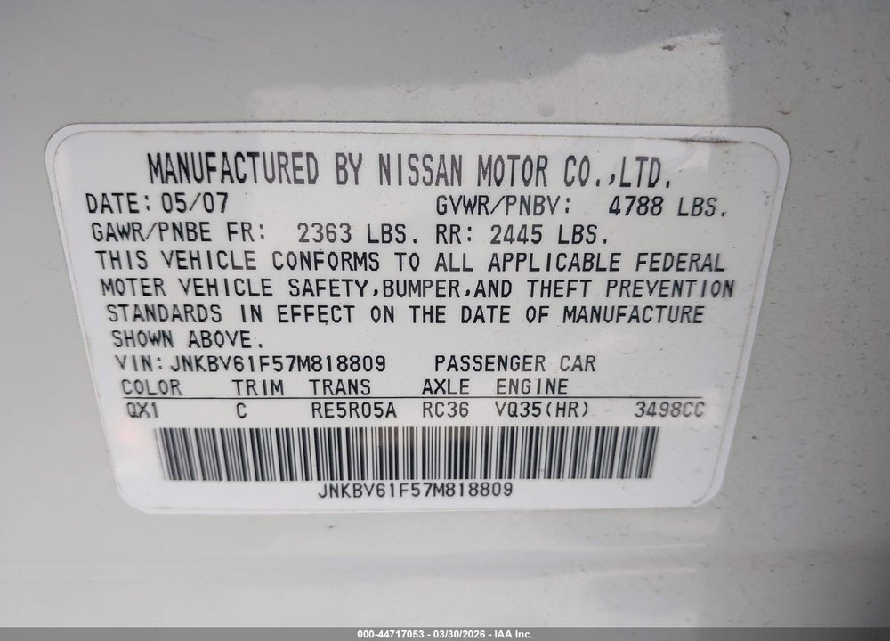 2007 INFINITI G35X VIN: JNKBV61F57M818809