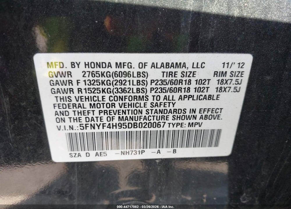 2013 HONDA PILOT TOURING VIN: 5FNYF4H95DB020067
