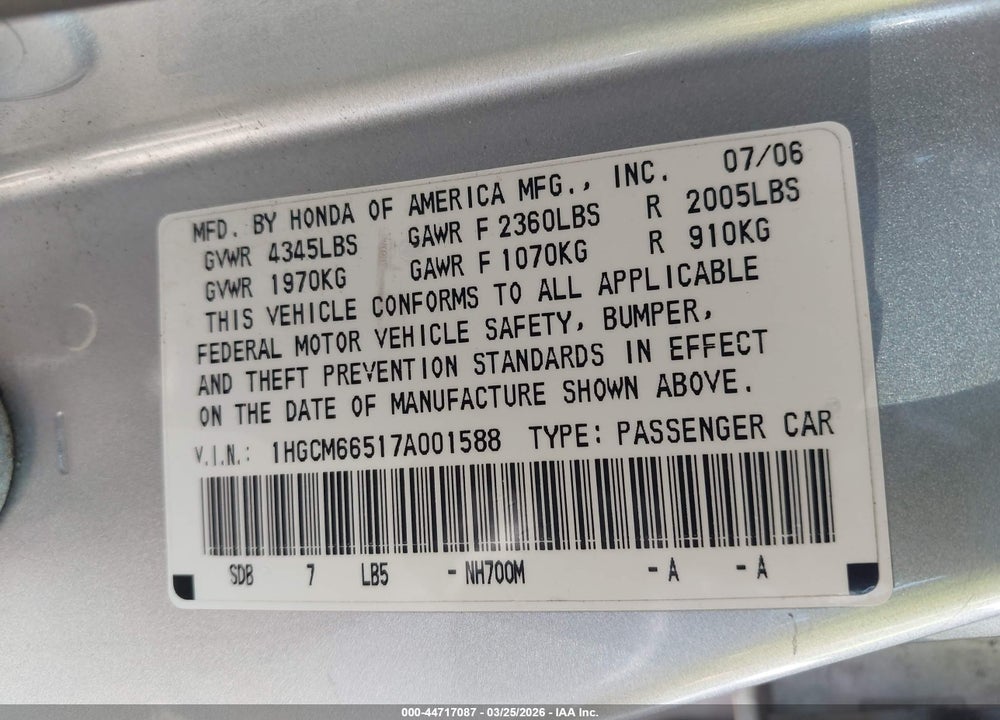 2007 HONDA ACCORD 3.0 EX VIN: 1HGCM66517A001588