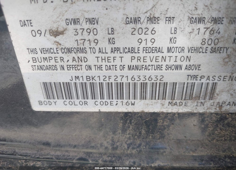 2007 MAZDA 3 I VIN: JM1BK12F271633632