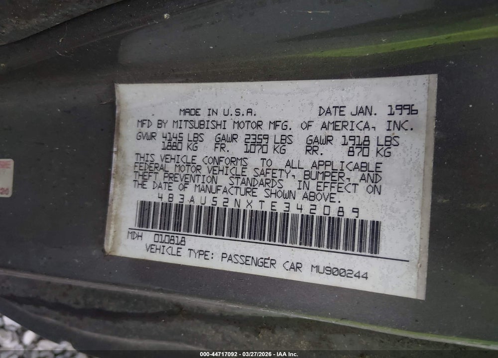 1996 DODGE AVENGER ES VIN: 4B3AU52NXTE342089