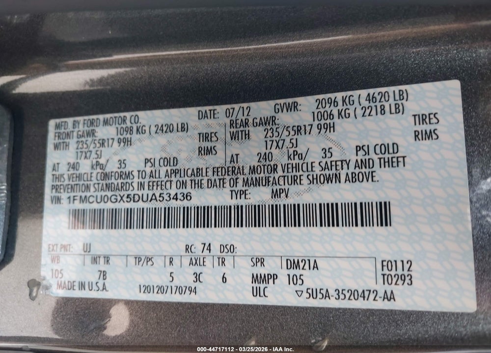 2013 FORD ESCAPE SE VIN: 1FMCU0GX5DUA53436