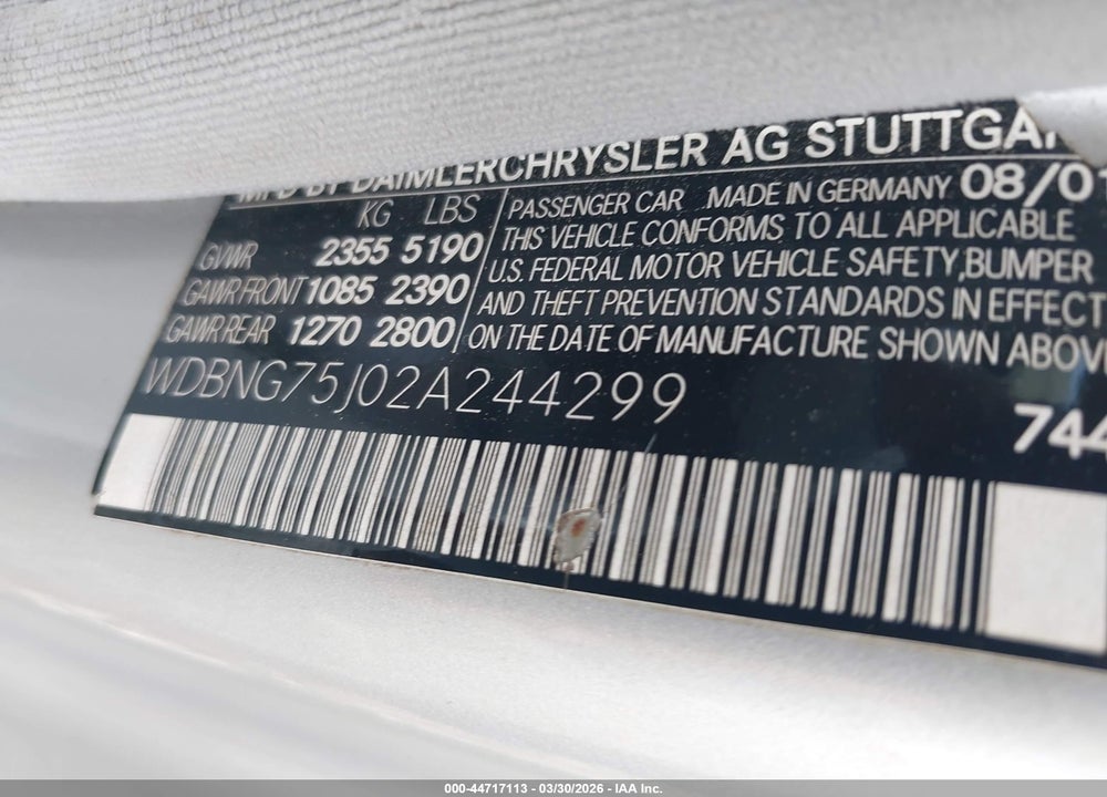 2002 MERCEDES-BENZ S 500 VIN: WDBNG75J02A244299