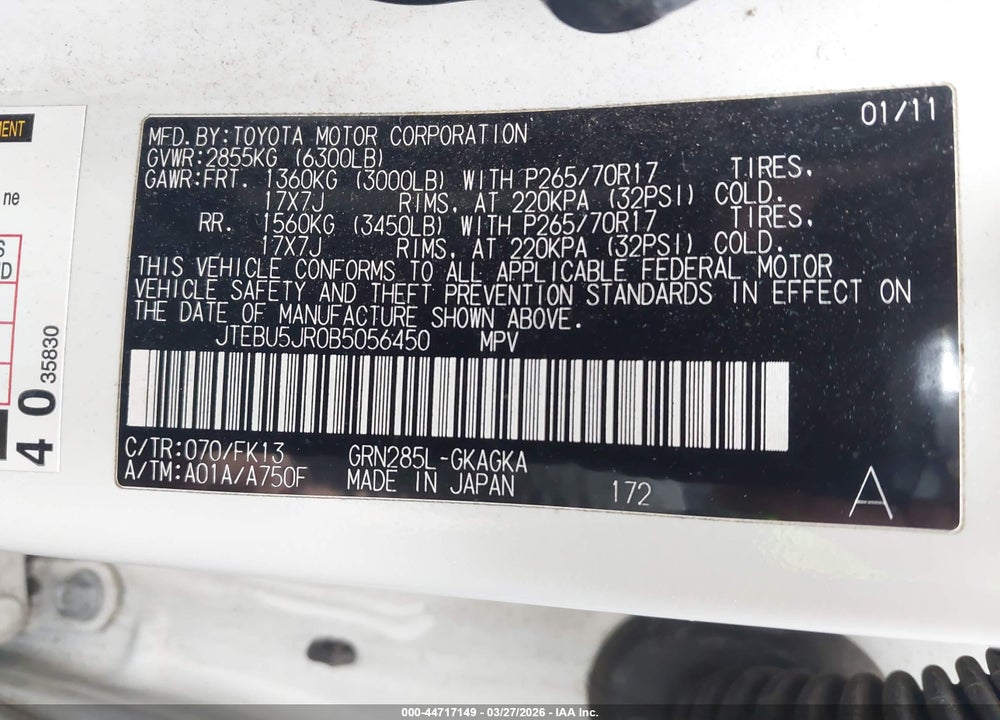 2011 TOYOTA 4RUNNER SR5 V6 VIN: JTEBU5JR0B5056450