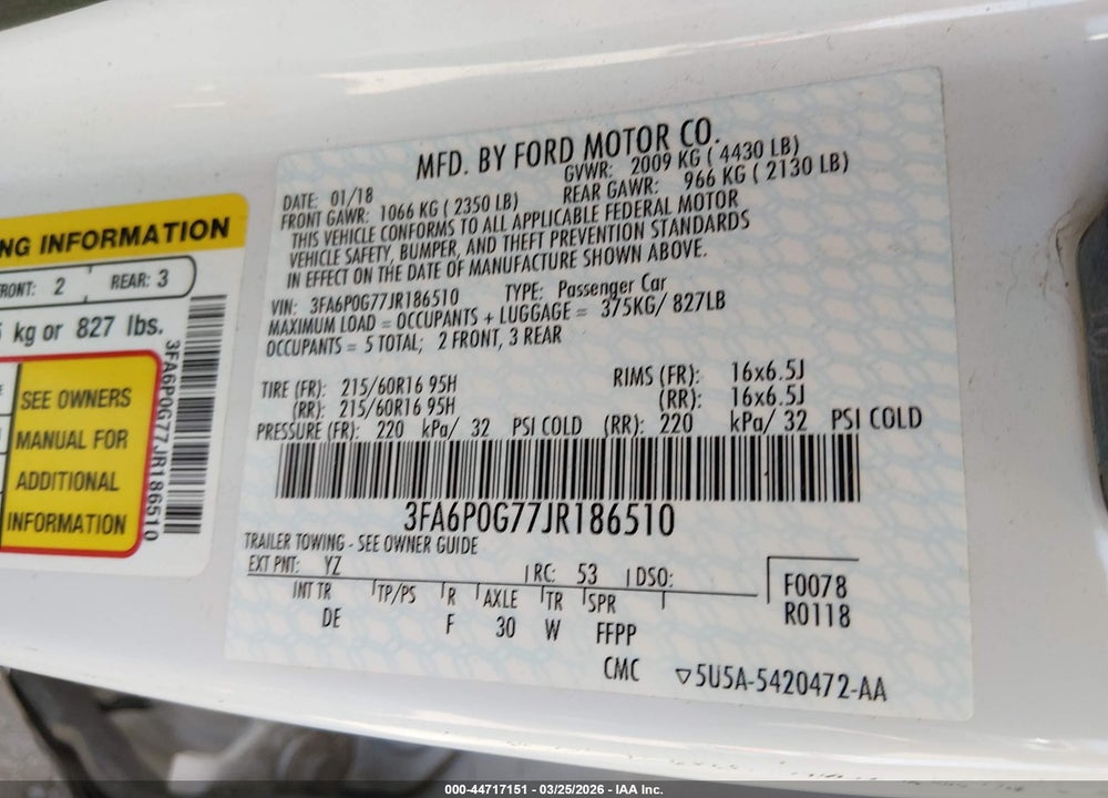 2018 FORD FUSION S VIN: 3FA6P0G77JR186510