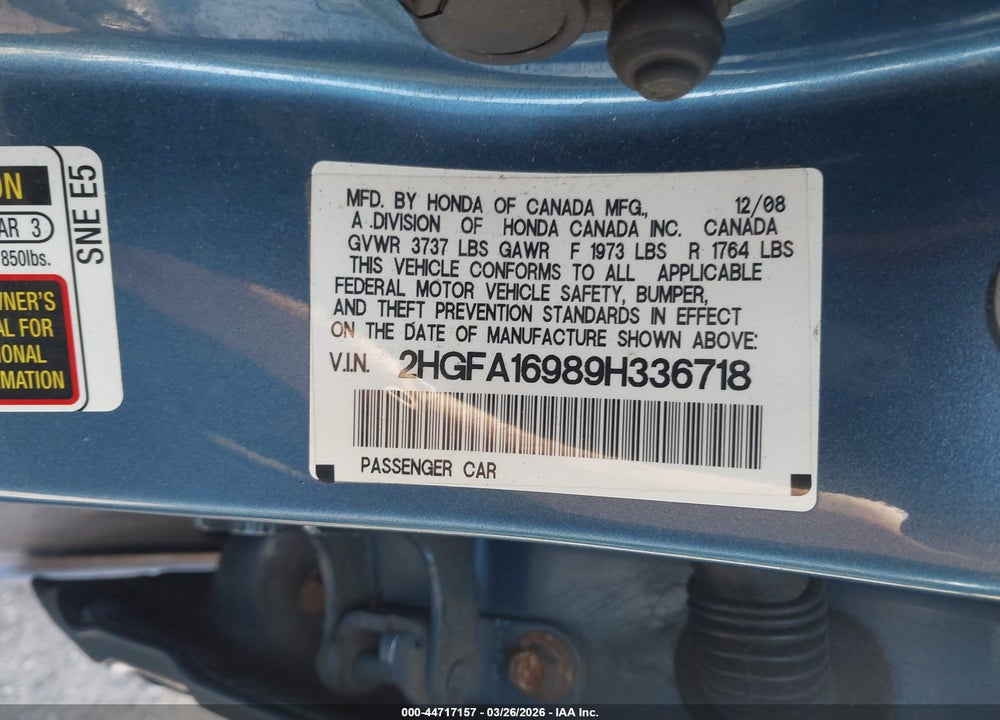 2009 HONDA CIVIC EX-L VIN: 2HGFA16989H336718