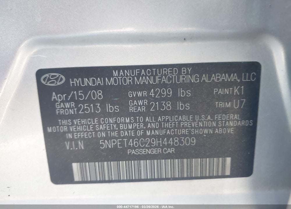 2009 HYUNDAI SONATA GLS VIN: 5NPET46C29H448309