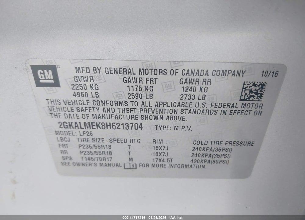 2017 GMC TERRAIN SLE-1 VIN: 2GKALMEK8H6213704