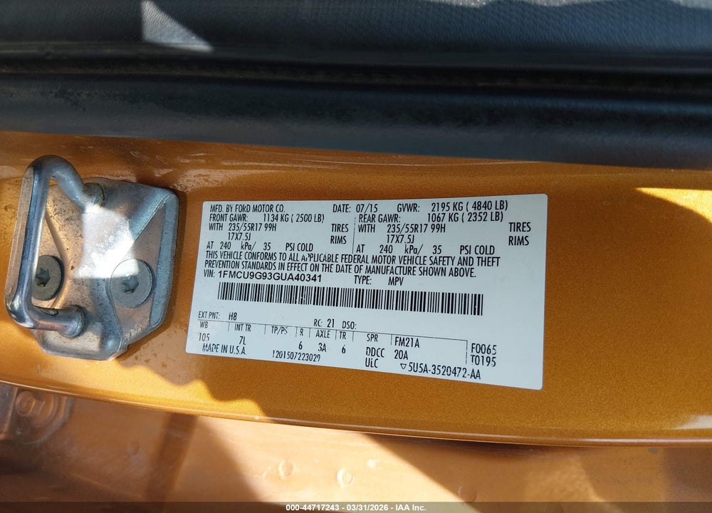 2016 FORD ESCAPE SE VIN: 1FMCU9G93GUA40341