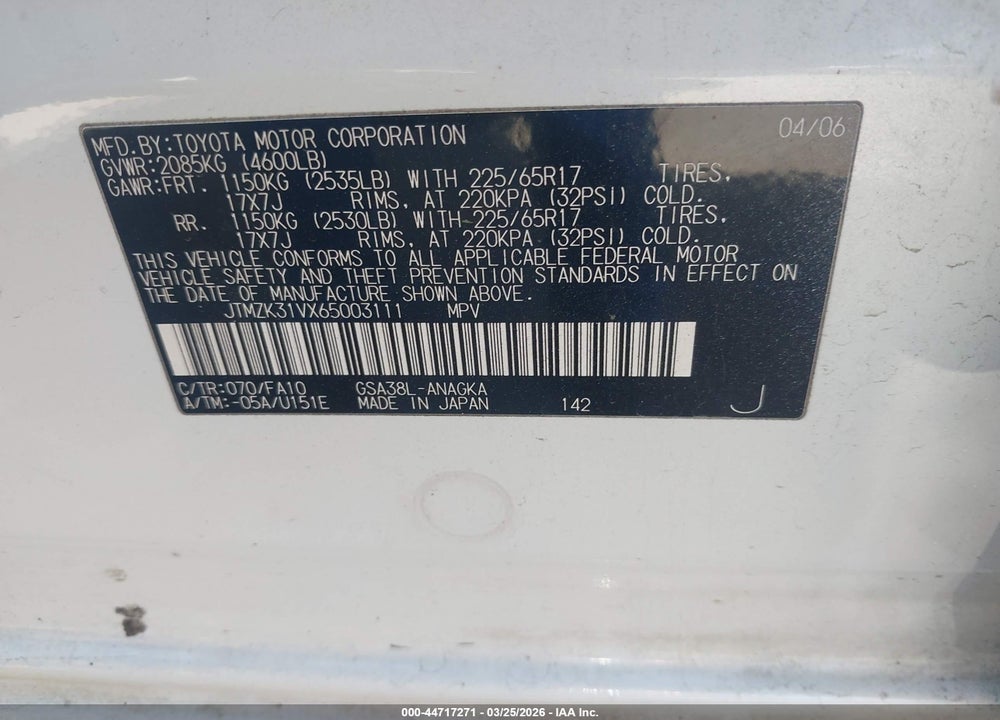 2006 TOYOTA RAV4 LIMITED V6 VIN: JTMZK31VX65003111