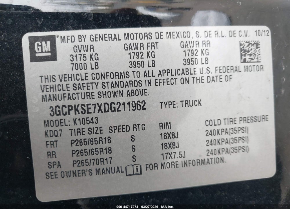 2013 CHEVROLET SILVERADO 1500 LT VIN: 3GCPKSE7XDG211962