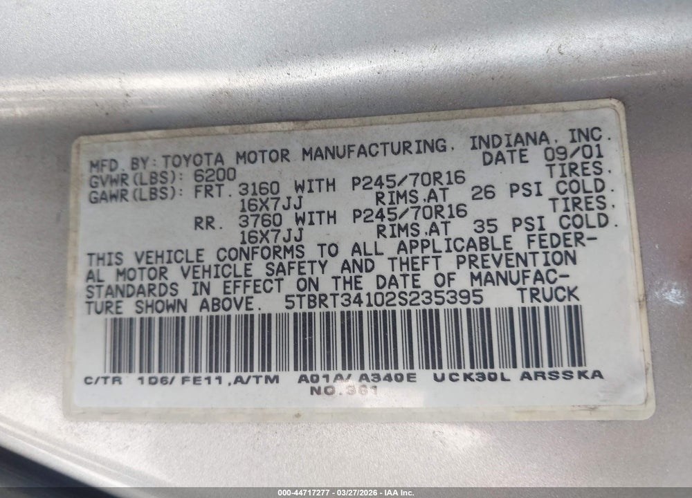 2002 TOYOTA TUNDRA SR5 V8 VIN: 5TBRT34102S235395