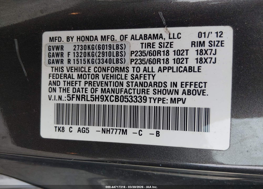 2012 HONDA ODYSSEY TOURING/TOURING ELITE VIN: 5FNRL5H9XCB053339