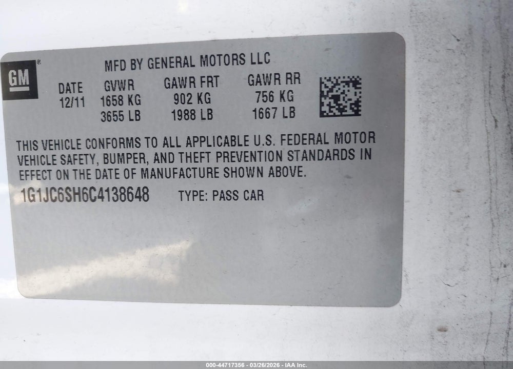 2012 CHEVROLET SONIC 2LT VIN: 1G1JC6SH6C4138648