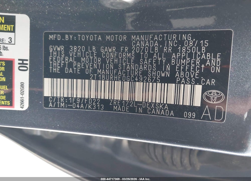 2016 TOYOTA COROLLA VIN: 2T1BURHE0GC492675