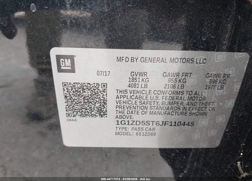 2018 CHEVROLET MALIBU LT VIN: 1G1ZD5ST6JF110445